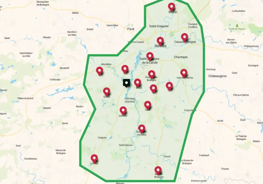 Carte indicatif de la zone de déplacement et récupération de votre véhicule pour un nettoyage auto réalisé à la main par un professionnel du centre de lavage auto de Goven près de Rennes : Bruz, Goven, Chartres de bretagne, Rennes, Guichen, Chavagne, Saint Jacques de la lande, Cesson Sévigné, Pont-Péan, Bréal sous montfort, Laillé, Bain de Bretagne, Lohéac, Betton, Vern sur seiche, Noyal Châtillon, Saint Erblon, bourg des comptes